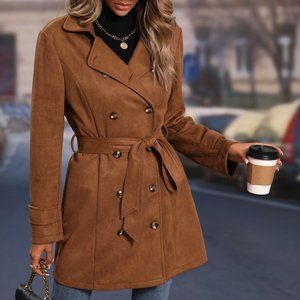 Brand New Lapel Neck Double Breasted Belted Faux Suede Coat Brown